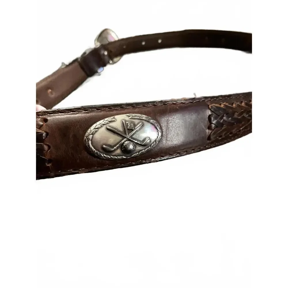 Vintage Brown Full Grain Leather Golf Belt with Silver Golf Emblems Size 36